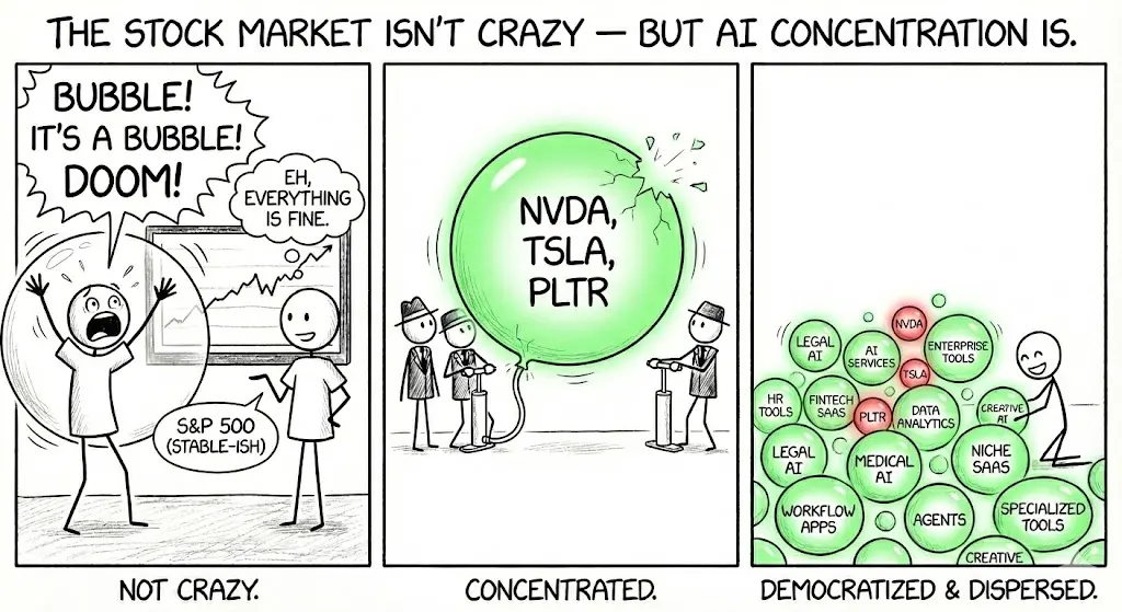 XKCD-style comic showing three panels: stock market doomers vs stability, concentrated AI investment bubble in NVDA TSLA PLTR, and democratized dispersed AI opportunities